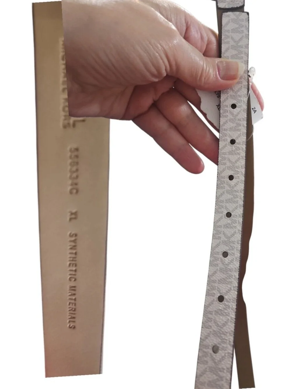 Michael Kors 556334C White Gray Monogram Logo Print Skinny Belt Silver Buckle